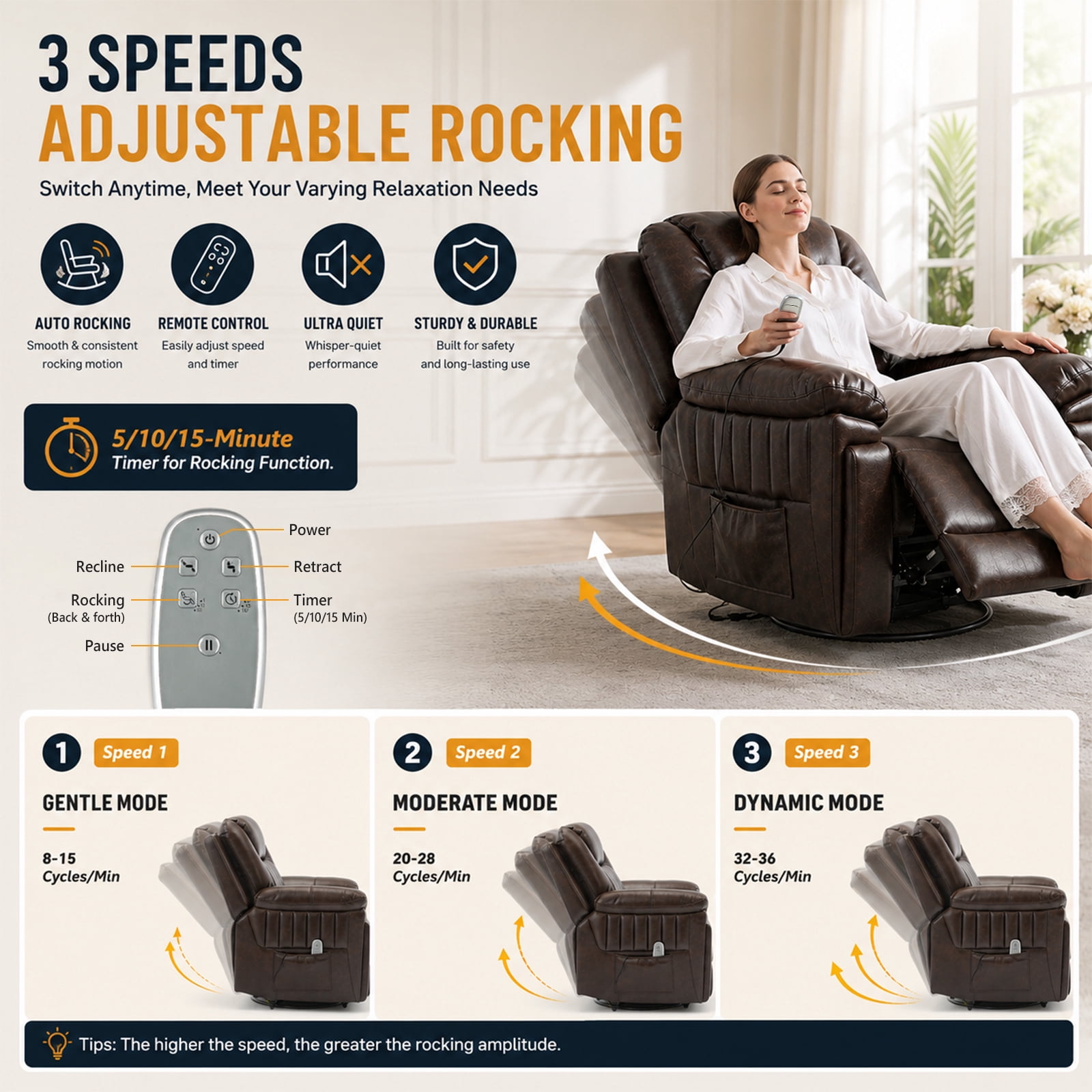 Pmango Electric Automatic Rocking Recliner Chair for Adults with 3 Speeds, Wired Remote Control, Power Auto Rocking Recliner, 5-15 Minutes Rocking Timer Function, for Living Room, Nursery, Brown
