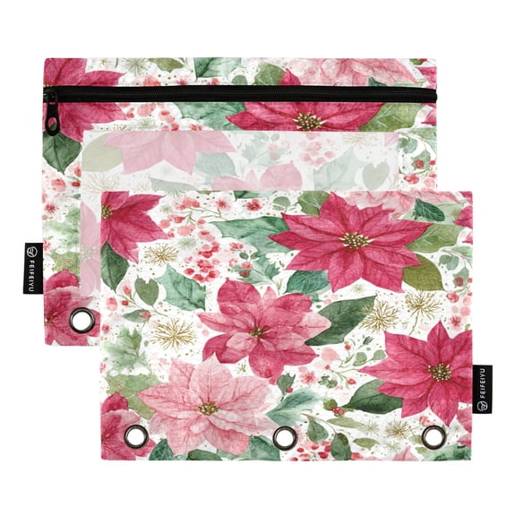 2 Pack Flip Folders with Clear PVC Window Binder Pouches 3-Ring Binder Organizer for Office & Home Red Flowers and Leaves