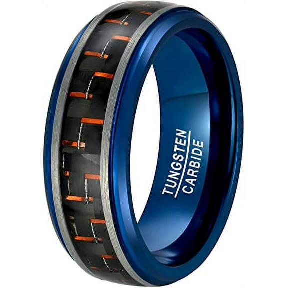 8mm Black Red Tungsten Rings for Men Blue Wedding Band with Carbon Fiber Inlay Beveled Edges