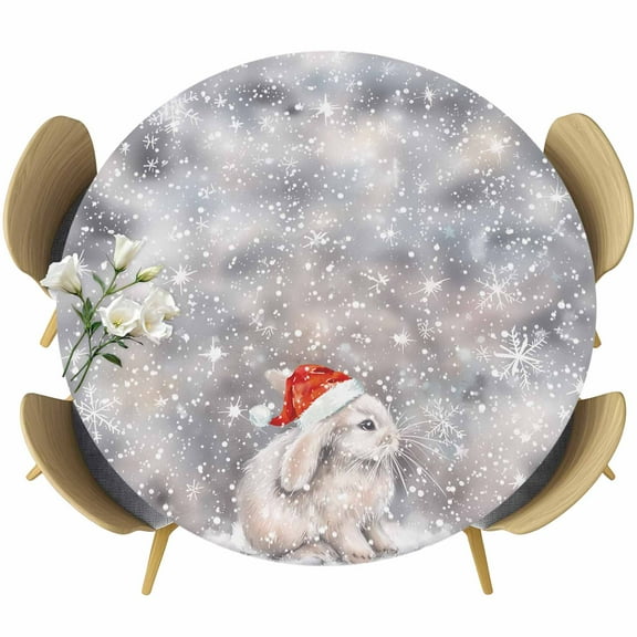 Christmas Fitted Tablecloth with Elastic Edged, Round Table Cloth for Dining Table, Xmas Snowflake Grey Bunny Waterproof Oil Proof Table Cover for Indoor Outdoor 36"-44"
