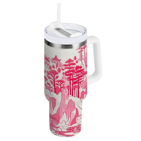 

40 Oz Car Handle Water Cup 10.8x3.85 Inch Stainless Steel Water Cup With Handle Water Cup Car Water Cup Travel Coffee Cup Pink House and Tree