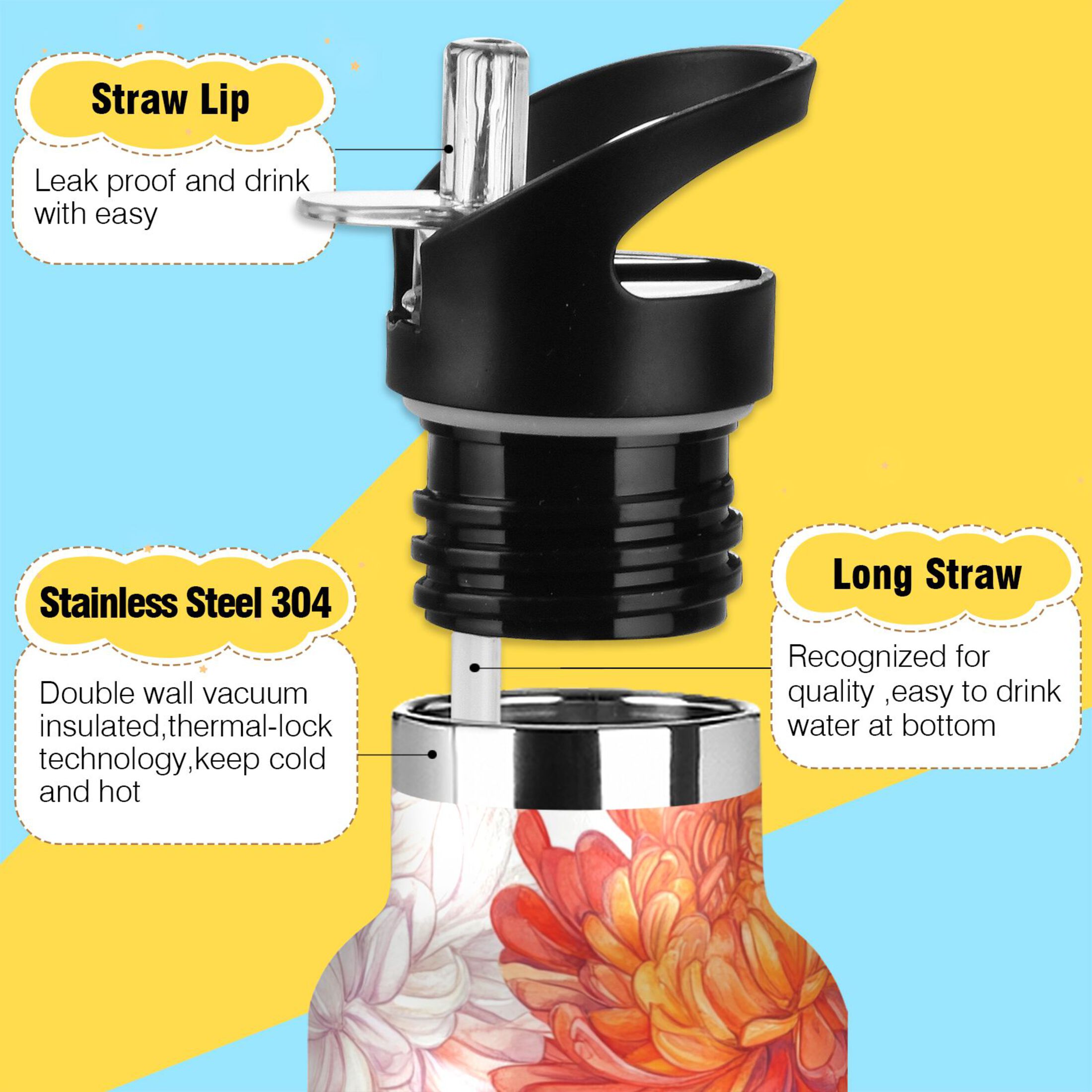 600ML Stainless Steel Insulated Cup Sports Water Bottle Portable Thermos Cup Water Glasses Insulated Tumblers Convenient and Durable Red Chrysanthemum