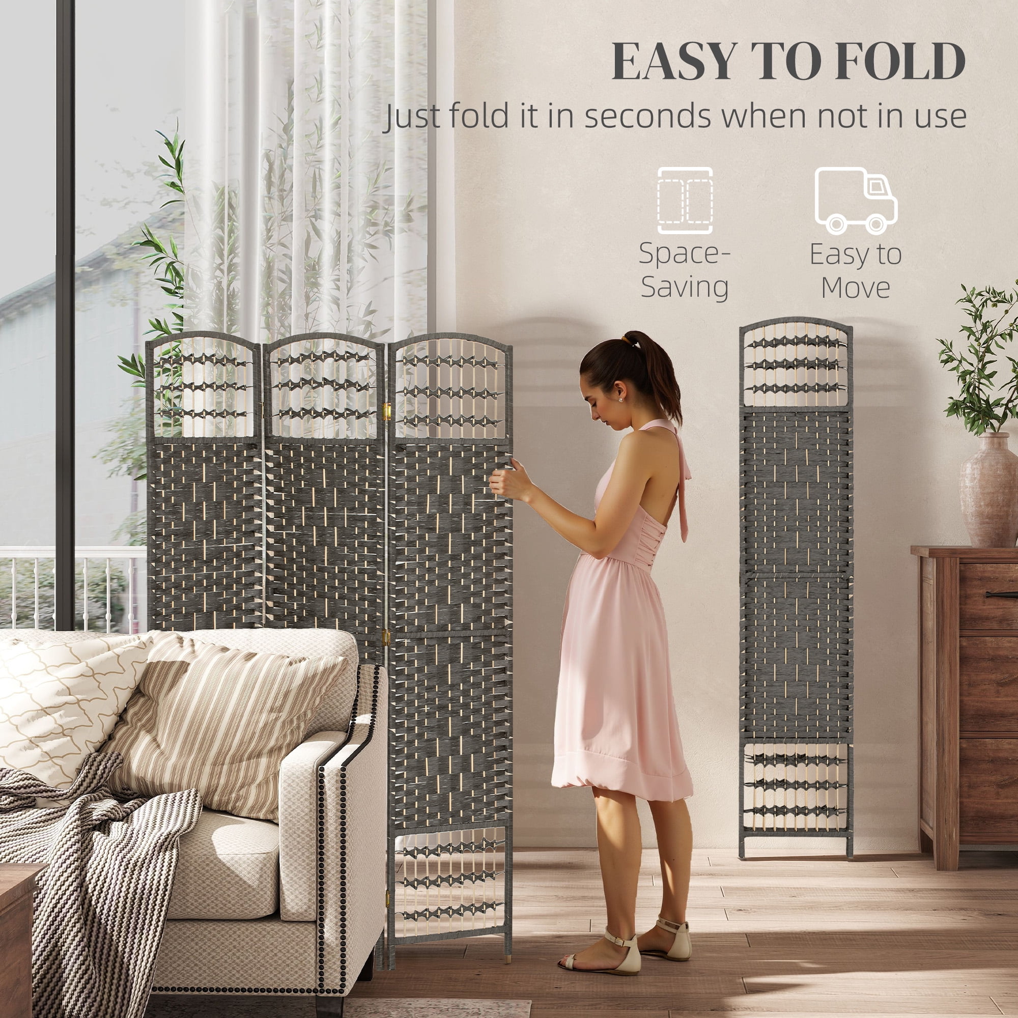 HOMCOM 3 Panel Room Divider, Folding Privacy Screen, 5.6' Room Separator, Wave Fiber Freestanding Partition Wall Divider, Dark Gray