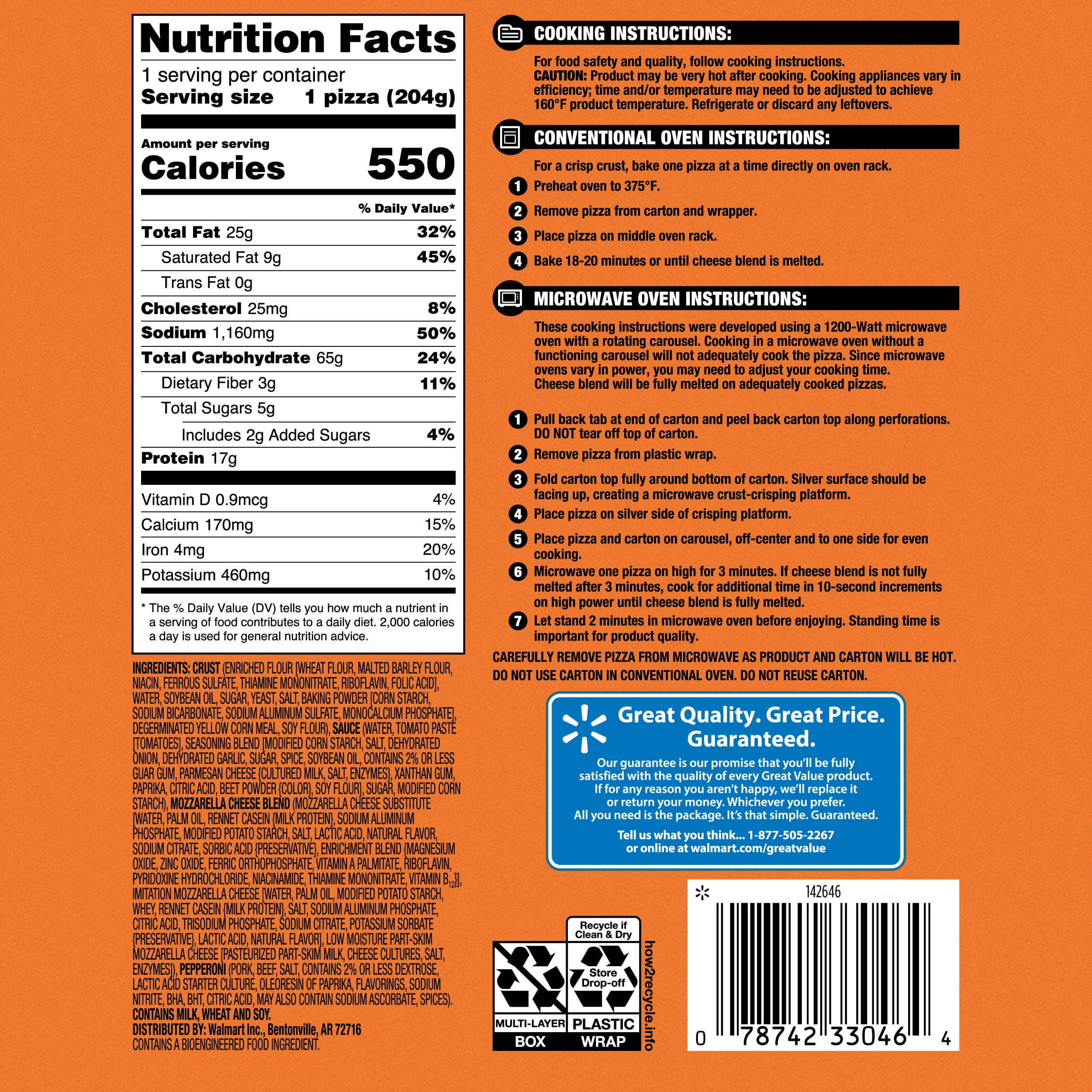 Great Value Microwavable Thin Crust Pepperoni Pizza, 7.2 oz (Frozen)