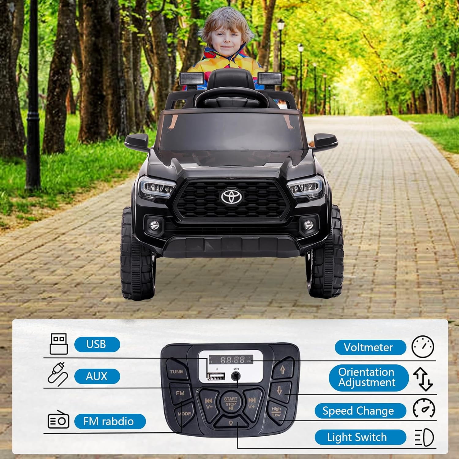 12V Licensed Toyota Tacoma Electric Car with Remote Control, Spring Suspension, Safety Belt, 2-Speed Ride-On Vehicle with Headlights, Black