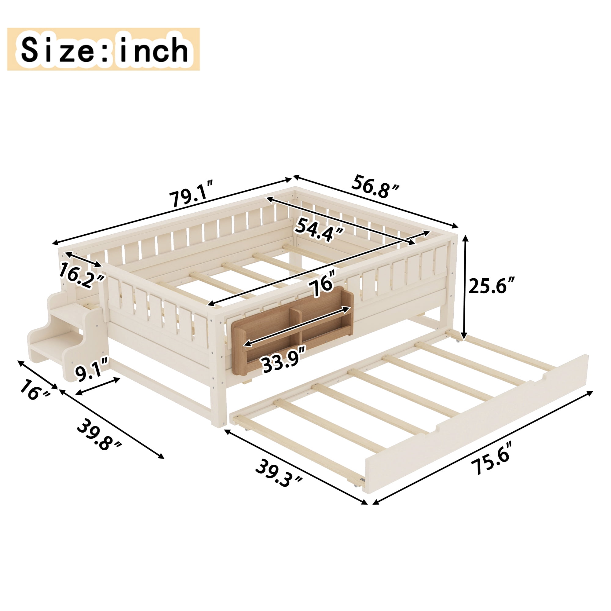 Full Bed with Bookshelf and Trundle 79.1 Inch, Solid Wood Frame with Staircase and Safety Rails, Space-Saving Kids Bed with Storage, Beige