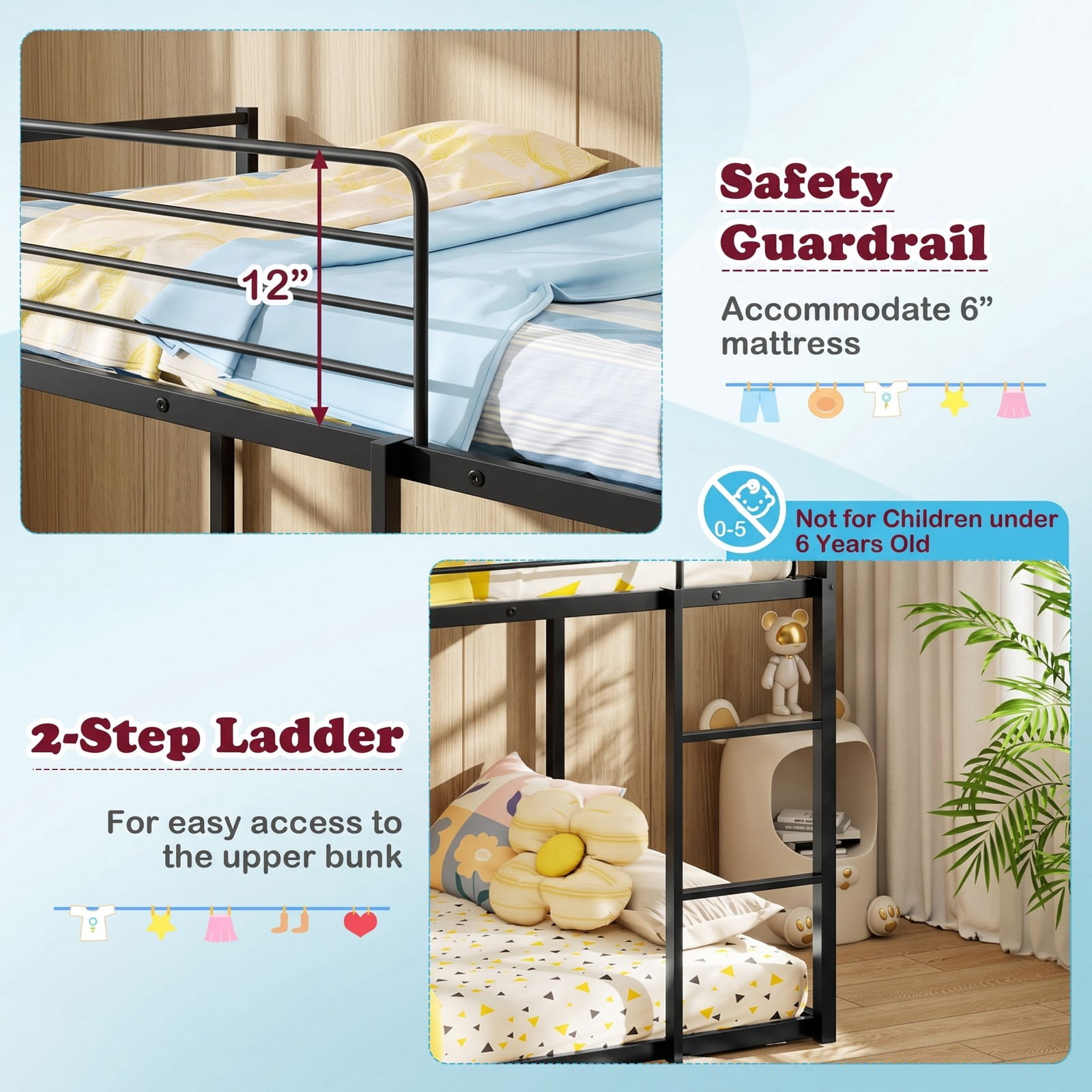 Furnibear House-shaped Twin Over Twin Metal Low Bunk Bed with Slide Ladder and Full-length Guardrails for Kids Rooms, Black