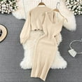 thumbnail image 6 of Women's 2 Piece Sweater Dress Set Ribbed Knit Crop Tops and Bodycon Dresses Outfits Long Sleeve Casual Sweaters Sets Beige One Size, 6 of 6