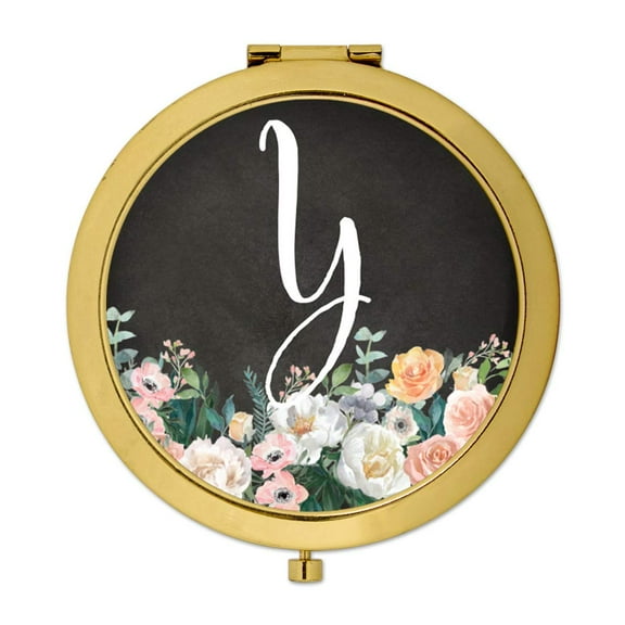 Koyal Wholesale Gold Compact Mirror Bridesmaid's Wedding Gift, Peach Flower Florals on Chalkboard, Monogram Letter Y
