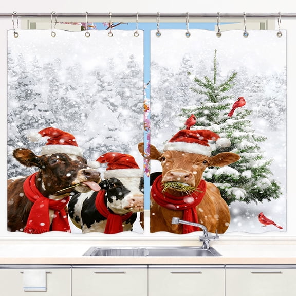 Winter Christmas Kitchen Curtains, Natural Winter Forest Snowflake Christmas Curtains Panels, Funny Cute Cows Christmas Window Drapes Curtains 2 Panels with Hooks (42X45in)