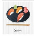 thumbnail image 3 of Wasabi Shower Curtain, Salmon Prawn Japanese Plate and Chopsticks with Sushi Typography, Fabric Bathroom Set with Hooks, 69W X 84L Inches Extra Long, Dark Slate Blue and Multicolor, by Ambesonne, 3 of 3