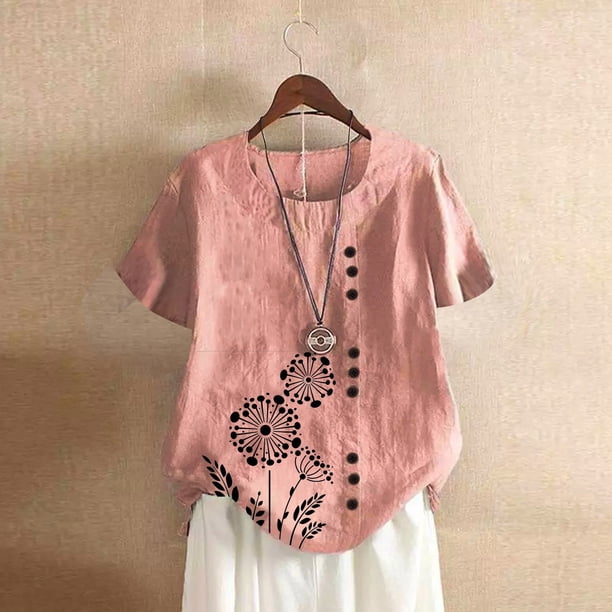 Fiudx Ofertas Flash Del Día Blusa Superior de Camiseta de Manga Corta con Cuello Redondo y Botones Informales con Estampado de Moda para Mujer