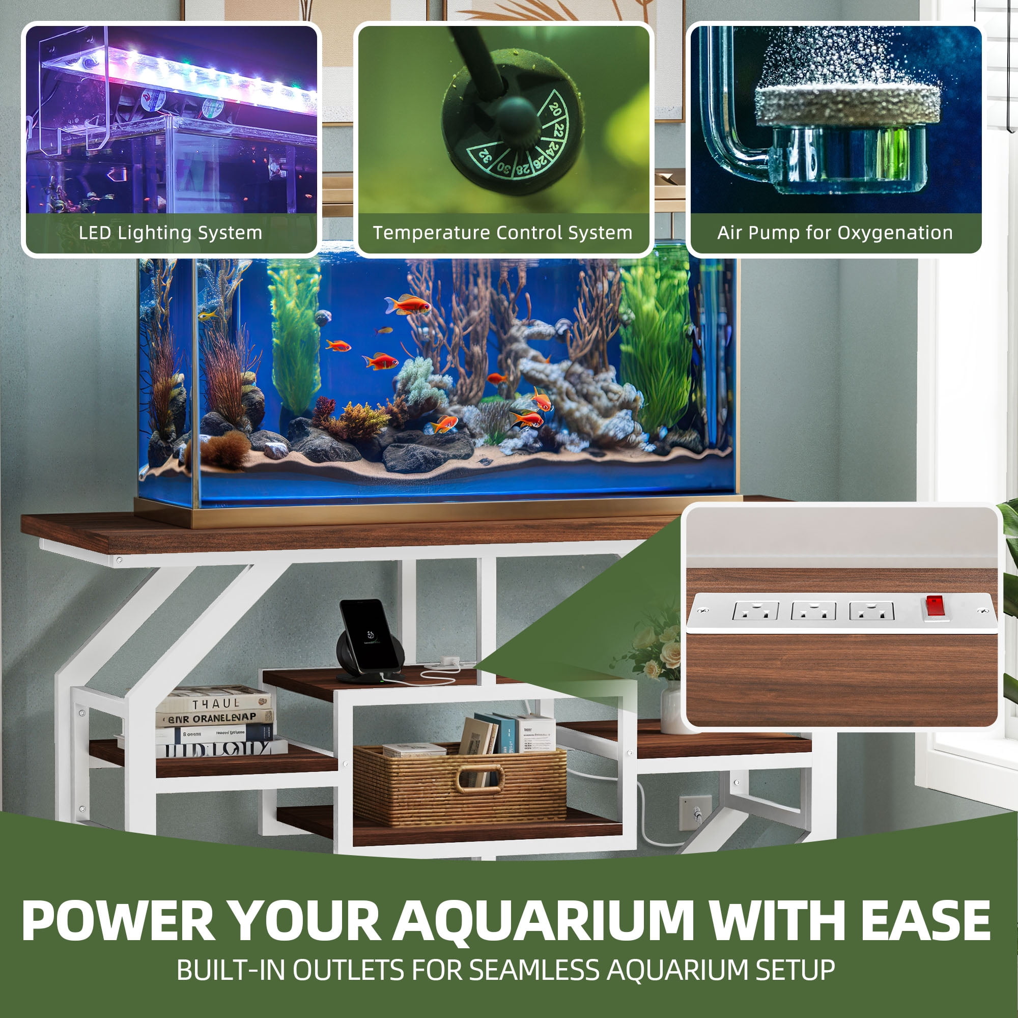 Uforic 55-75 Gal Aquarium Stand with Power Outlet – Faux Marble Fish Tank Stand for Turtle Tank, Reptile Terrarium, 860 lbs Capacity - White & Gold