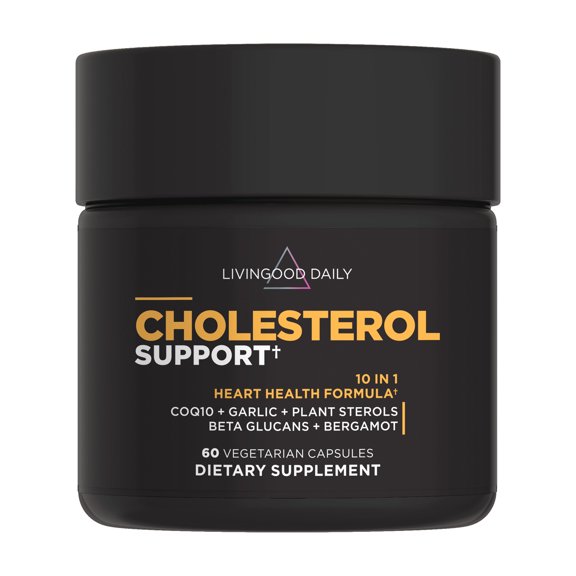 Livingood Daily Cholesterol Support Supplement with Garlic, CoQ10, Vitamin E, Bergamot, Plant Sterols for Body and Heart Health Support, Supports LDL and Triglycerides, Gluten Free, Vegan, 60 Capsule