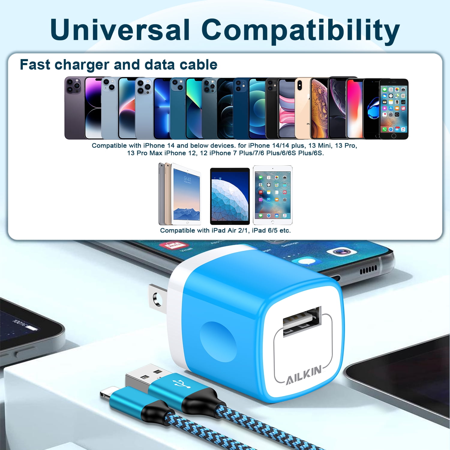 Compatible with iPhone Charger Fast Charging AILKIN 3Pack Charger Block with 6ft Cord Charging Block Plug Power USB Wall Charger Adapter Compatible with iPhone 14/13/12/11,Blue