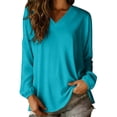 thumbnail image 2 of Yrmaups Loose Fit Long Sleeve Blouse for Women, Casual V Neck Top, Flowy Soft Tee for Vacation Office Travel Daily Wear, Blue XL, 2 of 7