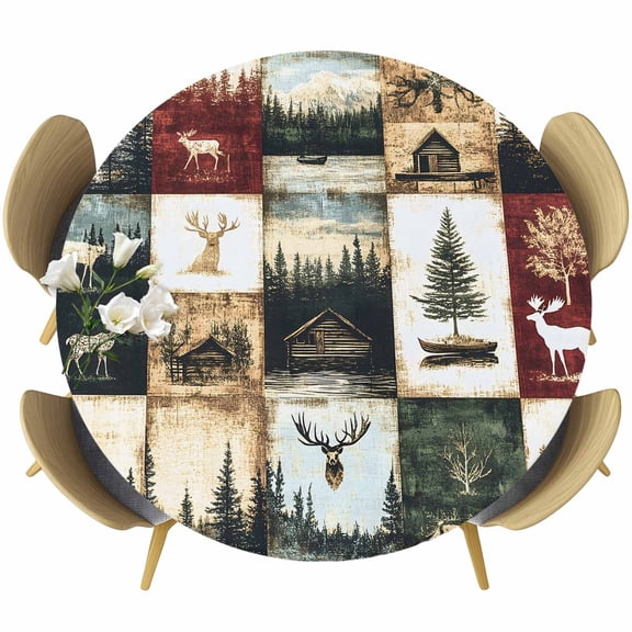Forest Elk Round Tablecloth 45-54 Inch Round Fitted Table Cloth with Elastic Edge, Farmhouse Pine Tree Rustic Green Red Waterproof Table Cover Protector for Outdoor Picnic Party Dining