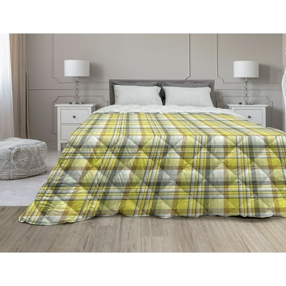 Plaid Down Alternative Comforter, Classical Retro Style Pastel Tone Repeating British Style Pattern, Microfiber Quilt for All Season, 5 Sizes, Mustard Pale Grey, by Ambesonne