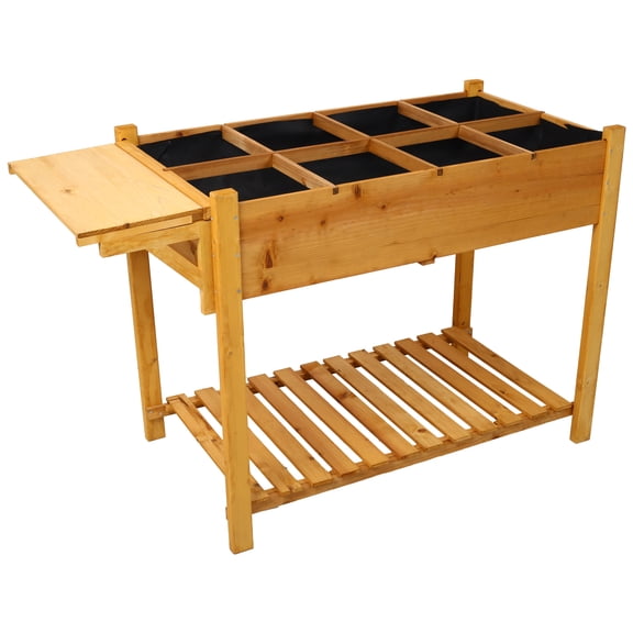 Planters For Outdoor Plants, 8 Pockets Horticulture Raised Garden Bed Elevated Wood Planter Box Stand with Foldable Side Table and Storage Shelf for Herb/Vegetables/Flowers, Brown Garden Pots