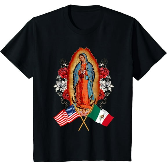 Kids Our Lady Virgen De Guadalupe Mary Mexican American Flag T-ShirtMen and women, Black T-shirt, size: Extra large