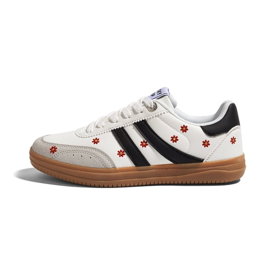 LUCKY STEP Womens Fashion Floral Embroidery Retro Sneakers Casual Shoes,White7Black