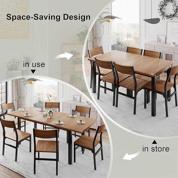 iPormis 63" Extendable Kitchen Table Set for 4-6 People, 7-Piece Large Dining Table Set With 6 Chairs,Mid-Century Modern Dining Room Table,Walnut