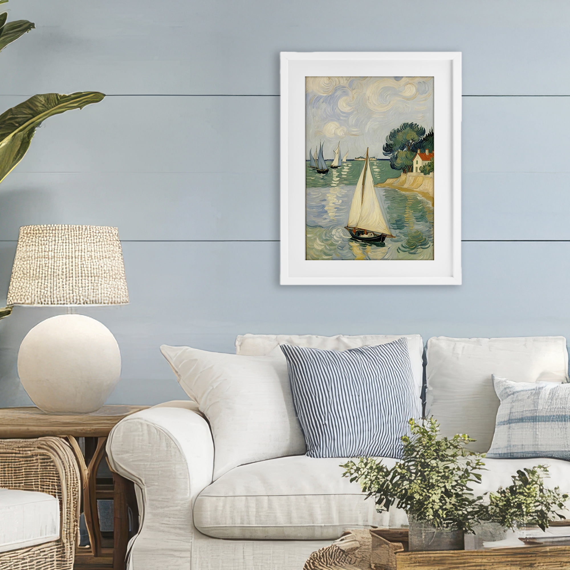 Stupell Industries Coastal Sailboats Under Swirling Clouds White Framed Print Under Glass, design by Angie Hawke
