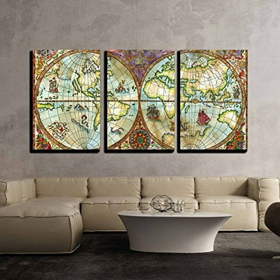 wall26 - 3 Panel Canvas Wall Art - Vintage World Map - Giclee Print Gallery Wrap Modern Home Decor Ready to Hang - 24"x36" x 3 Panels