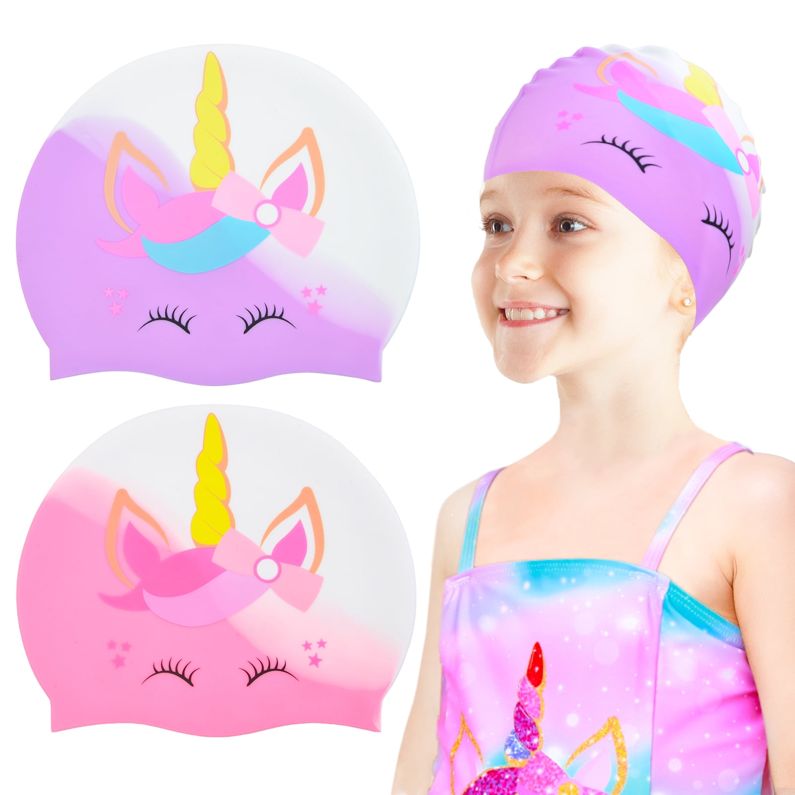 Age 4-8 PASHOP 2 Pack Swim Cap for Kids Waterproof Silicone Swimming Caps for Girls Boys Unicorn Dinosaur Toddler Kids Swimming Hat for Long and Short Hair 