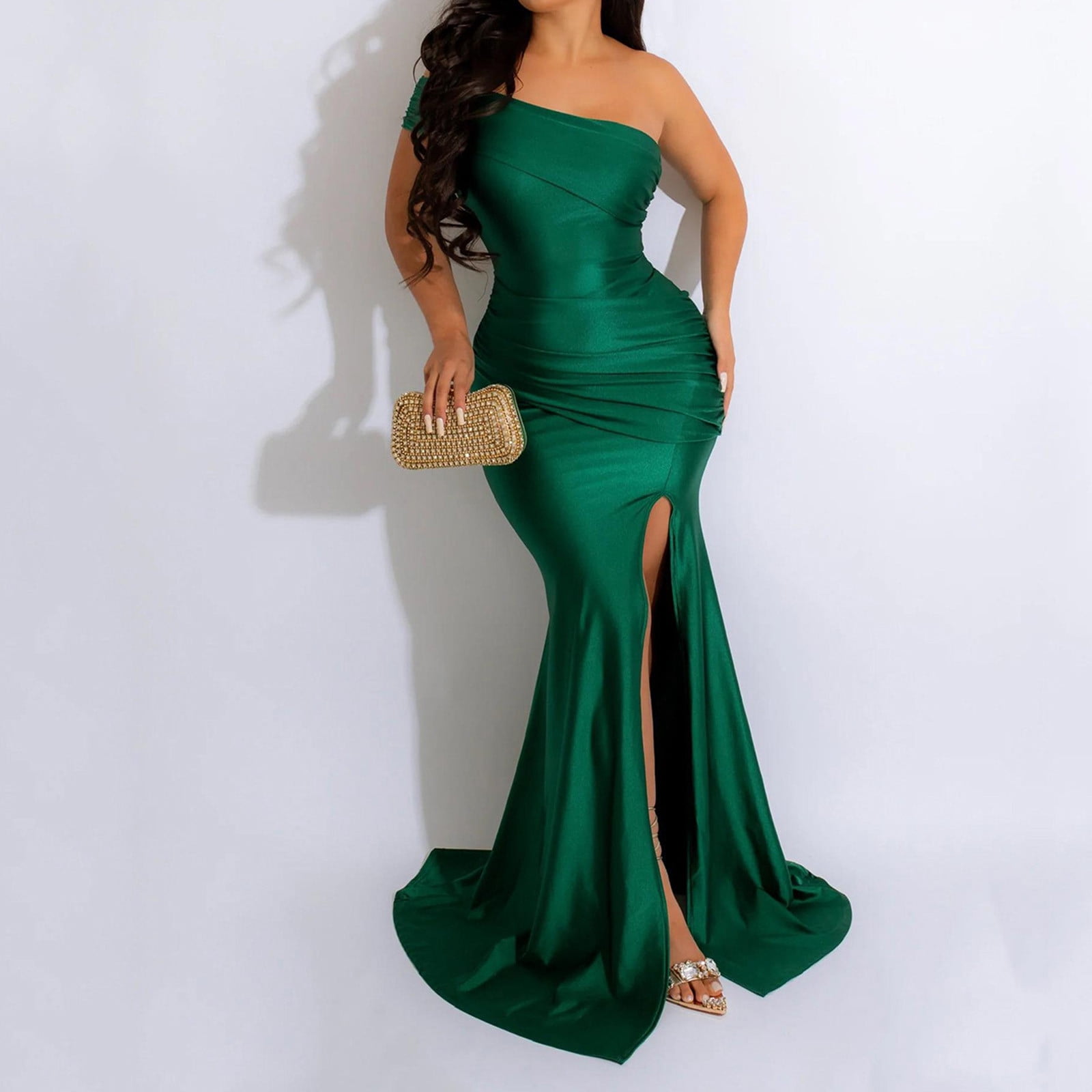 Hvot&aat One Shoulder Formal Dresses for Women Sexy Elegant Evening Gowns Split Thigh Bodycon Maxi Wedding Guest Dresses