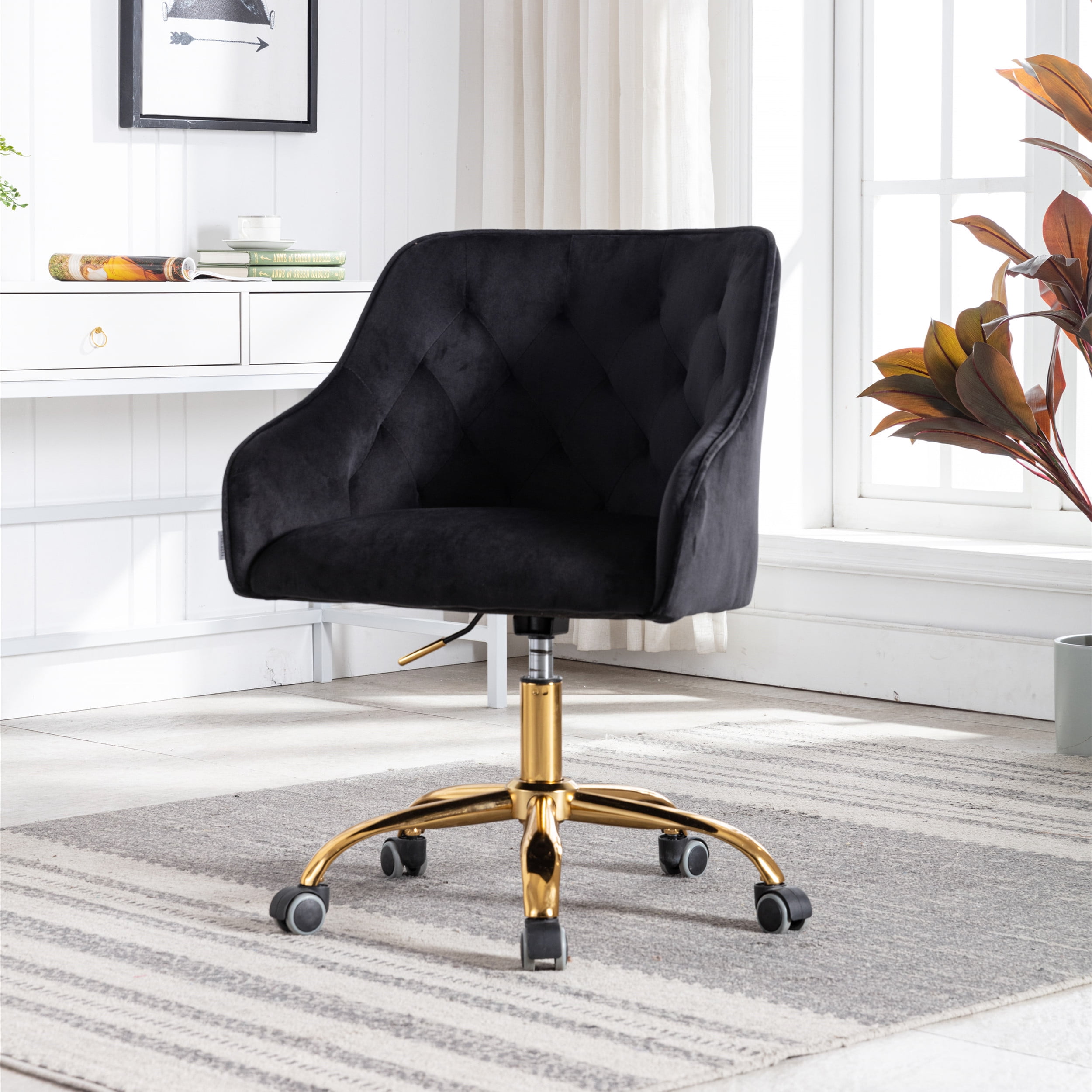 Swivel Office Chair, Velvet Upholstery Tufted Wingback Chair with Metal