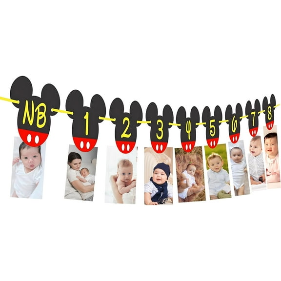 Mickey 1st Birthday Photo Banner - New Born to 12 Month First Birthday Banner - Mickey  1st Birthday Decorations - Boy First Birthday Decorations- Mickey Party Supplies