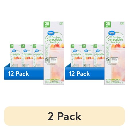 (2 pack) Great Value 25% Plant-Based Compostable Quart Bags, 25 Count