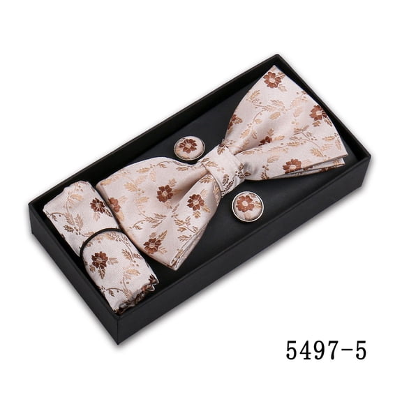 Men Flower Bowtie Pocket Square Handkerchief Cufflink Wedding Party Set With Box