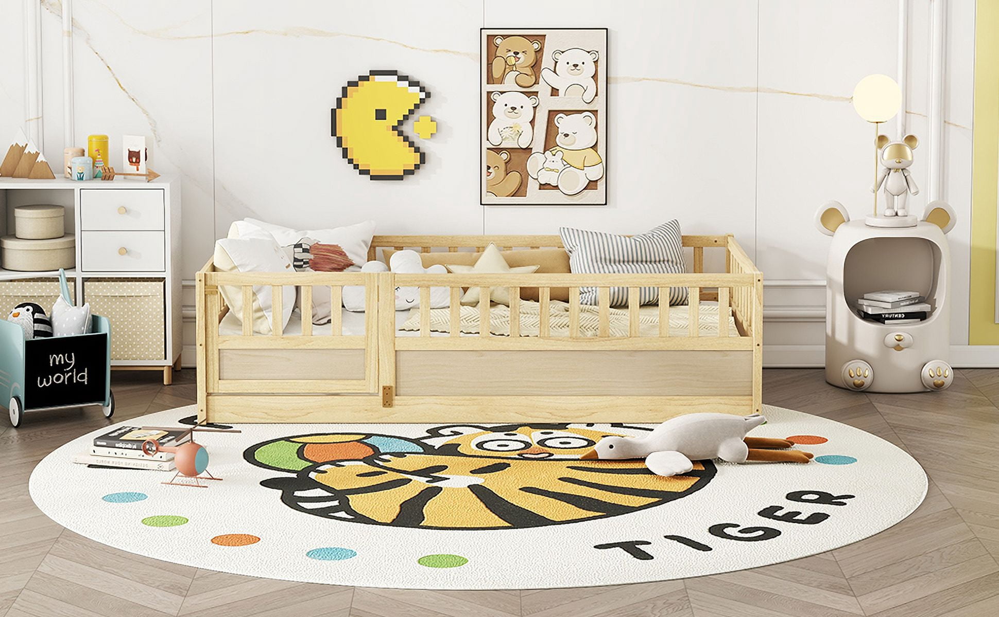 Solid Pine Twin Montessori Floor Bed with Ultra-High Integrated Safety Fence & Clockwise Opening Access Door, Patented Kids Platform Bed with Support Slats Single Package Easy Assembly