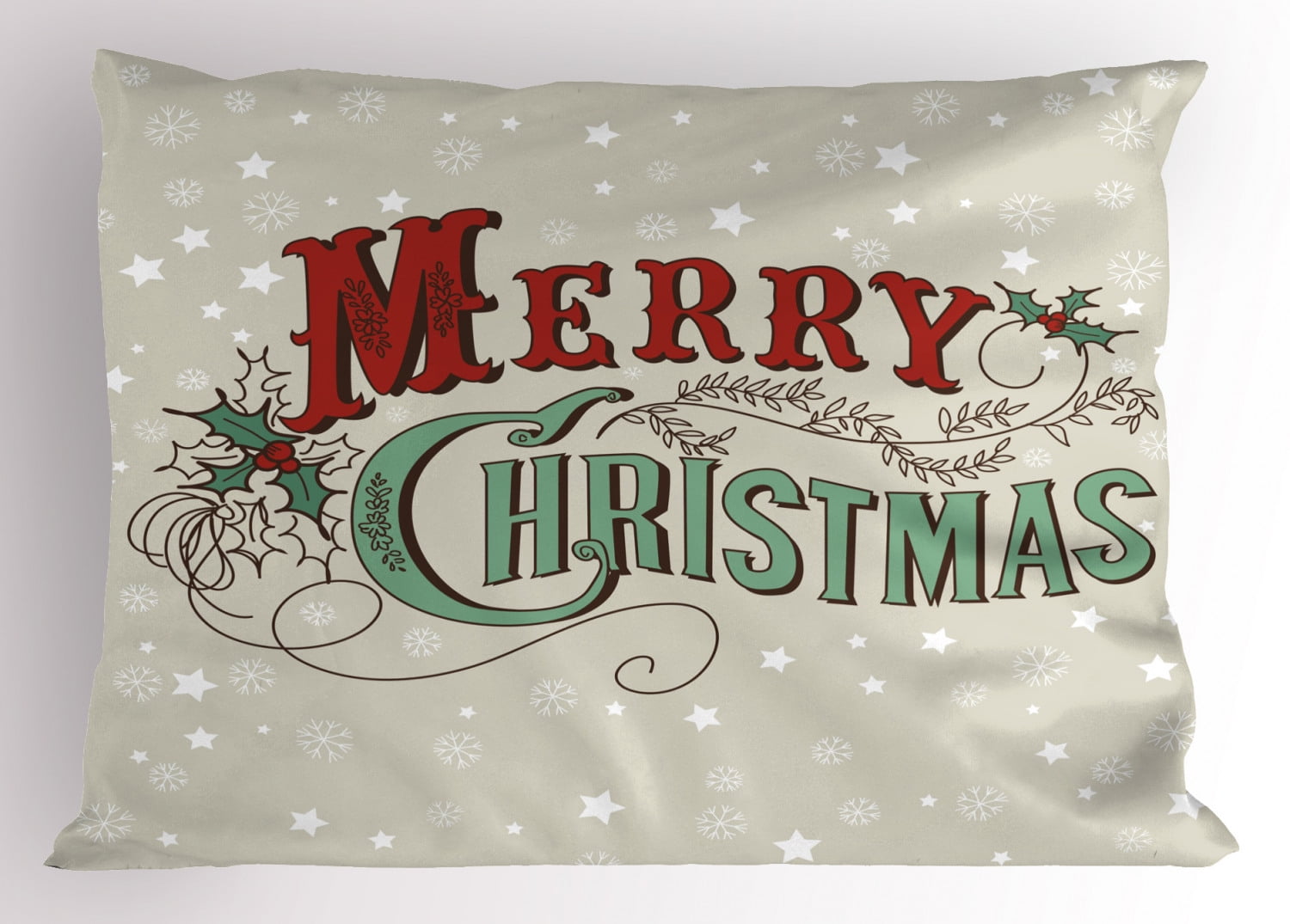 Christmas Pillow Sham Stars and Snowflakes Backdrop with Stylized Retro