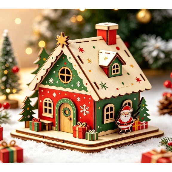 DIY Wooden Christmas House Kit with Warm LED Lights - Festive Holiday Decor for Family Bonding & Cozy Home Ambiance (A)