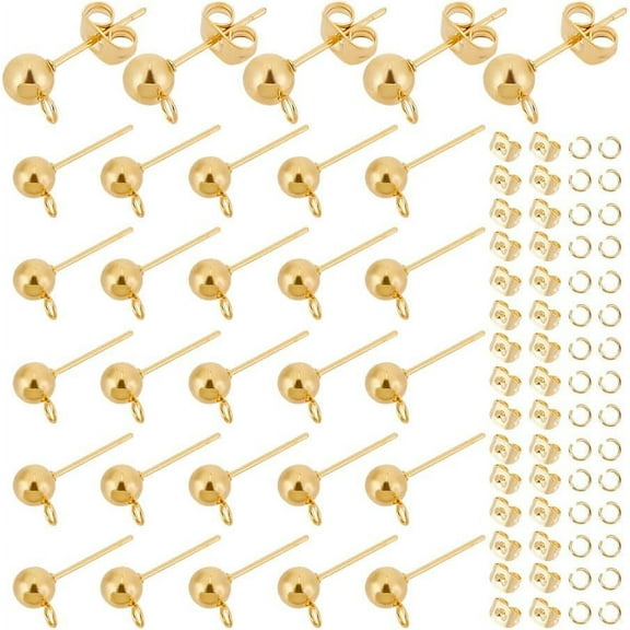 30pcs Gold Ball Stud Earrings With Loop - Stainless Steel Ear Post and Nut - Metal Findings for DIY Dangle Jewelry Making diy