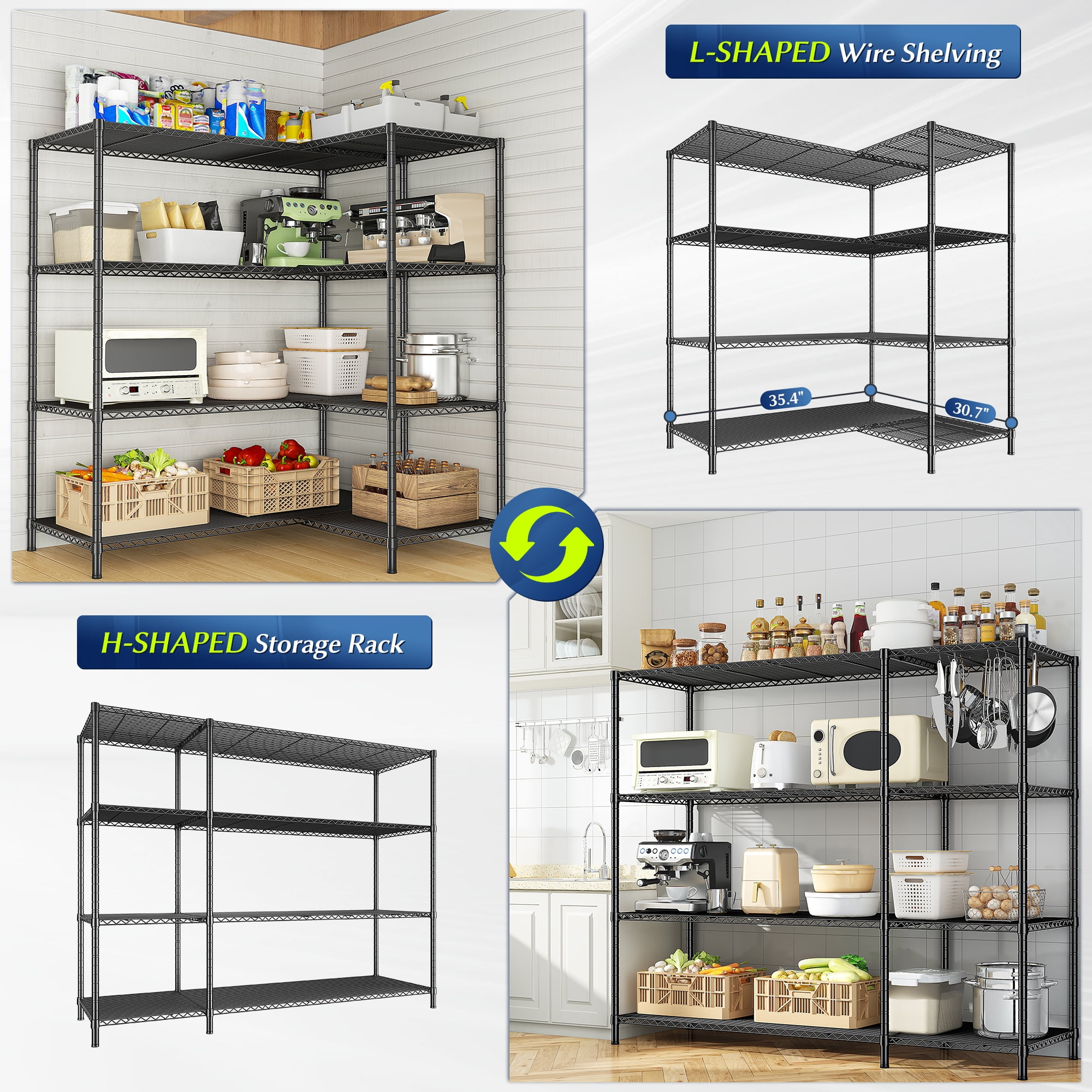 REIBII Heavy Duty 4-Tier Metal Wire Shelving Unit,Adjustable L-Shape Corner Storage Rack for Garage,Pantry,Kitchen,1120 lbs Capacity