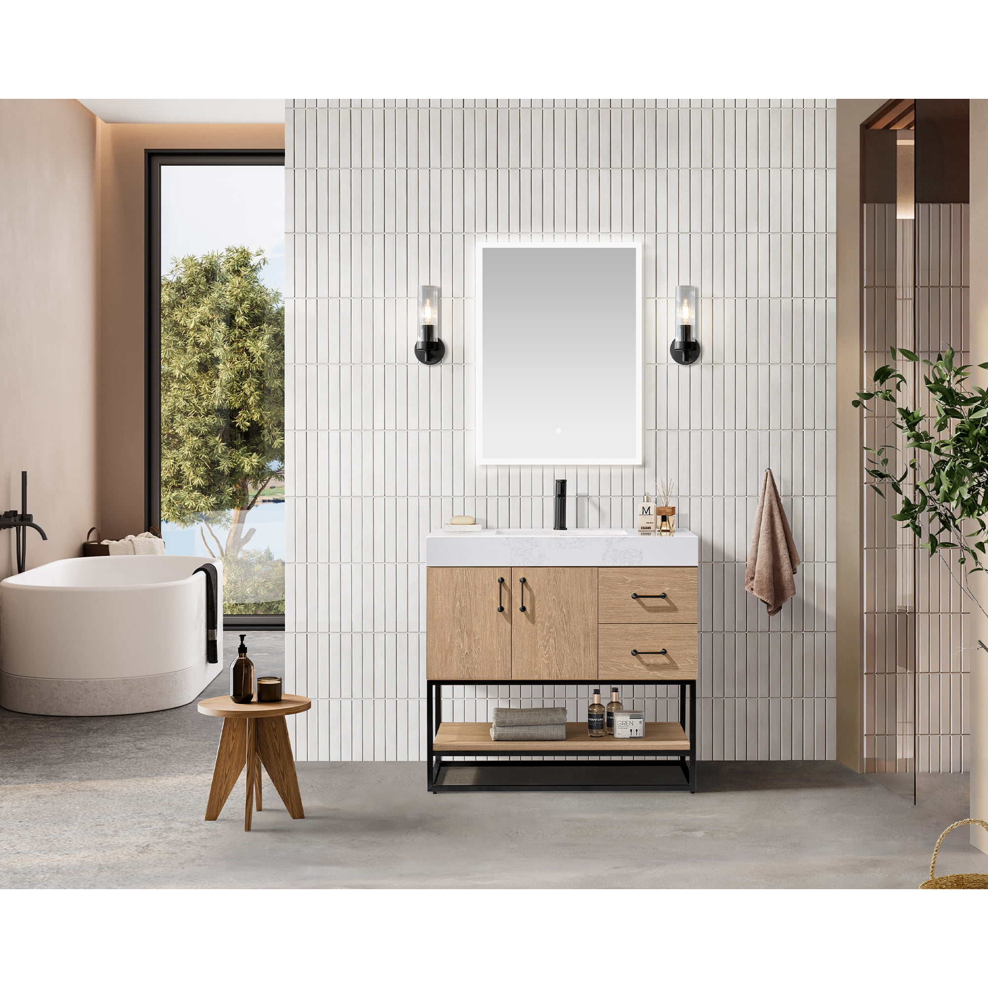 Vinnova Alistair 36" White Stone Top Oak Single Vanity Black Frame w/o Mirror