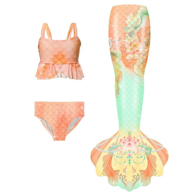Baby Girl Swimsuit Summer Colorful Fish Scale Ruffles Tops Briefs Fish Tail Split Swimsuits Set Girls Bathing Suits Orange 10-11Y