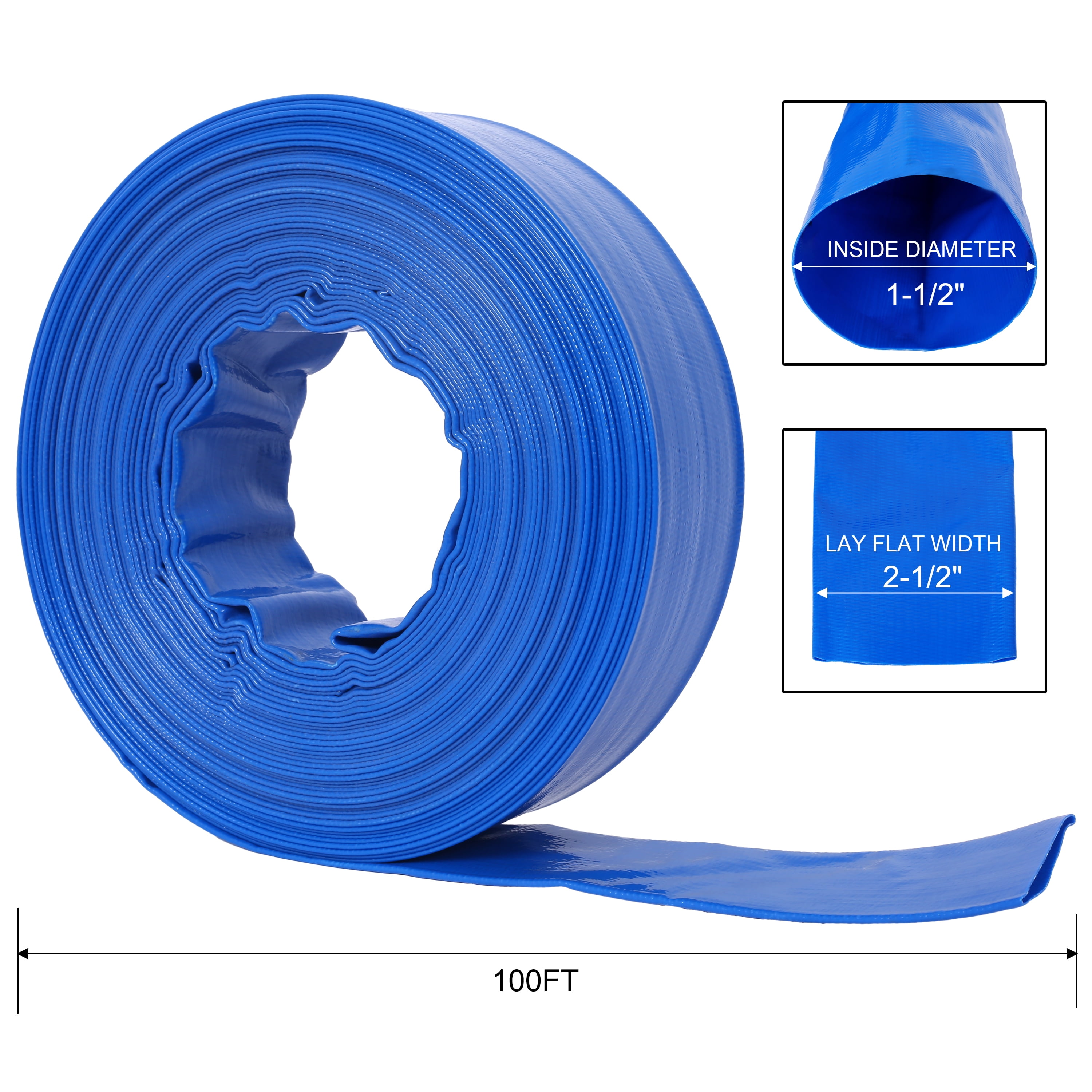 1-1/2"(Flat 2.6") widthx 100 FT Pool Backwash Hose, Blue Heavy Duty Reinforced PVC Lay Flat Water Discharge Hose for Swimming Pool Filter Pump,with 2 Clamp,