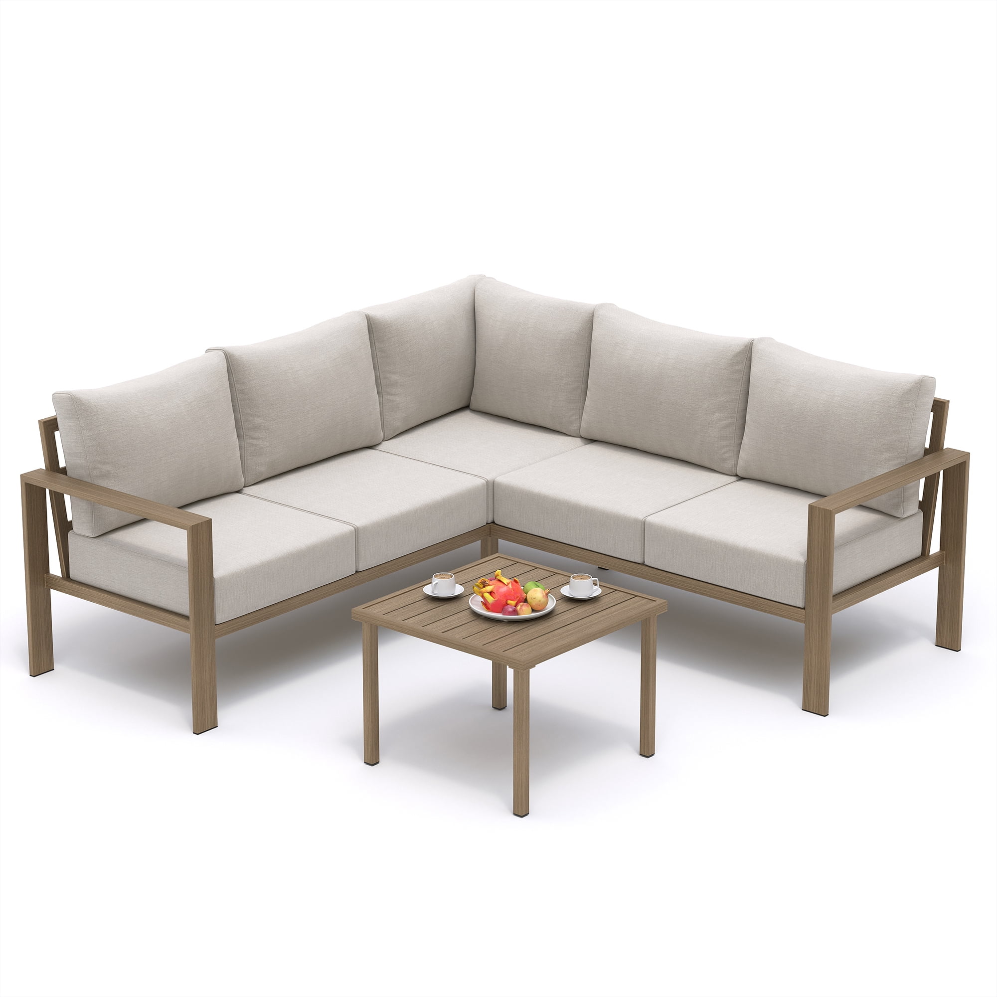 ELPOSUN 6 Pieces Patio Furniture Sets with 6" Thick Olefin Cushions, Faux Wood Metal Outdoor Sectional Furniture L Shape Patio Conversation Sets for Garden, Backyard Beige