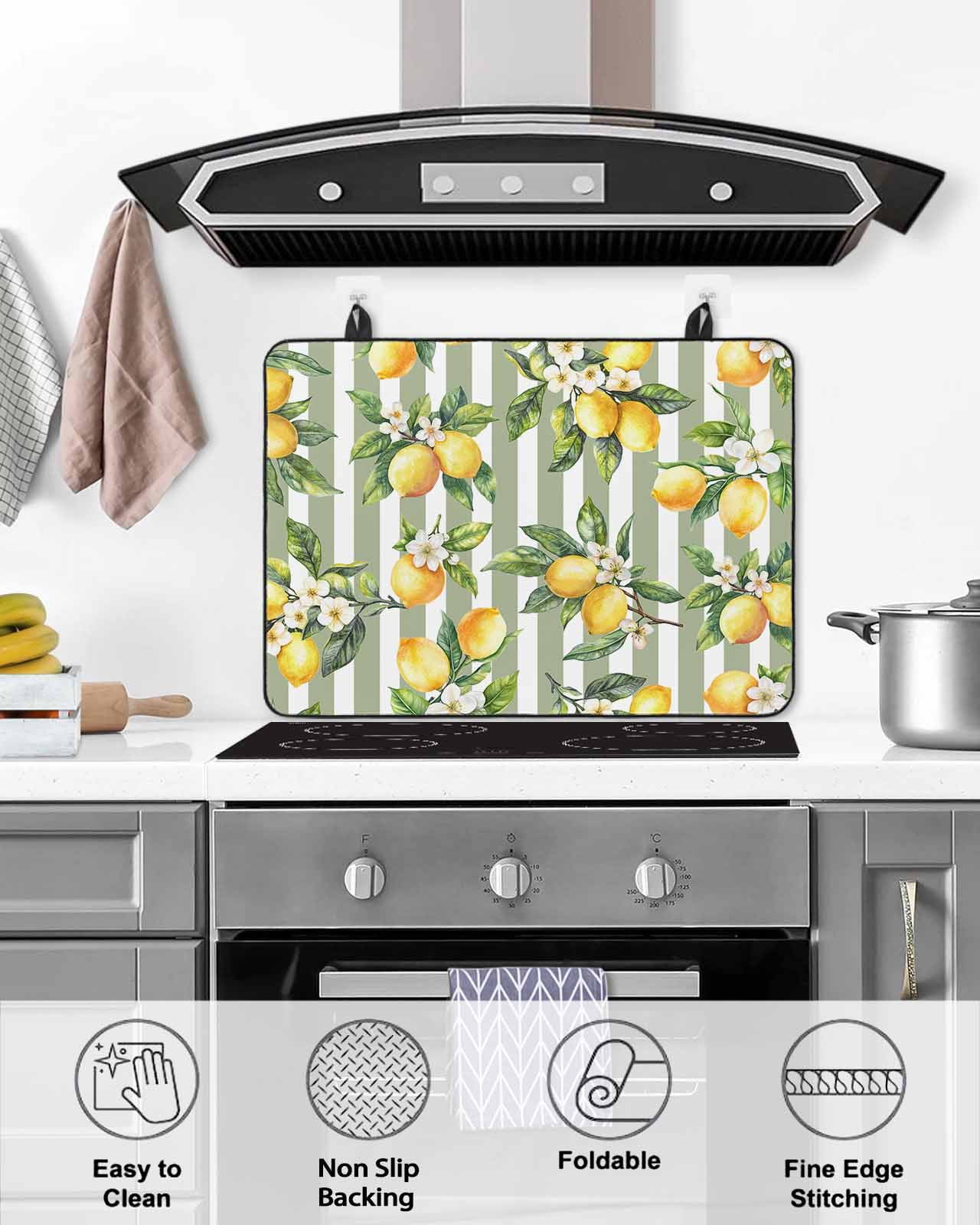 nqOlkjepod Large Induction Cooktop Protector Mat 24"x21", Spring Lemon Stove Top Covers for Electric Stove, Botanical Plants Sage Green Stripes Stove Burner Cover Mats, Glass Top Stove Cover