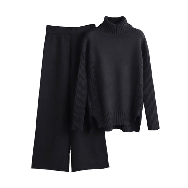 Timegard Ensemble 2 Pcs pour Femmes, Pull à Col Haut, Manches Longues, Pantalon Large, Couleur Unie