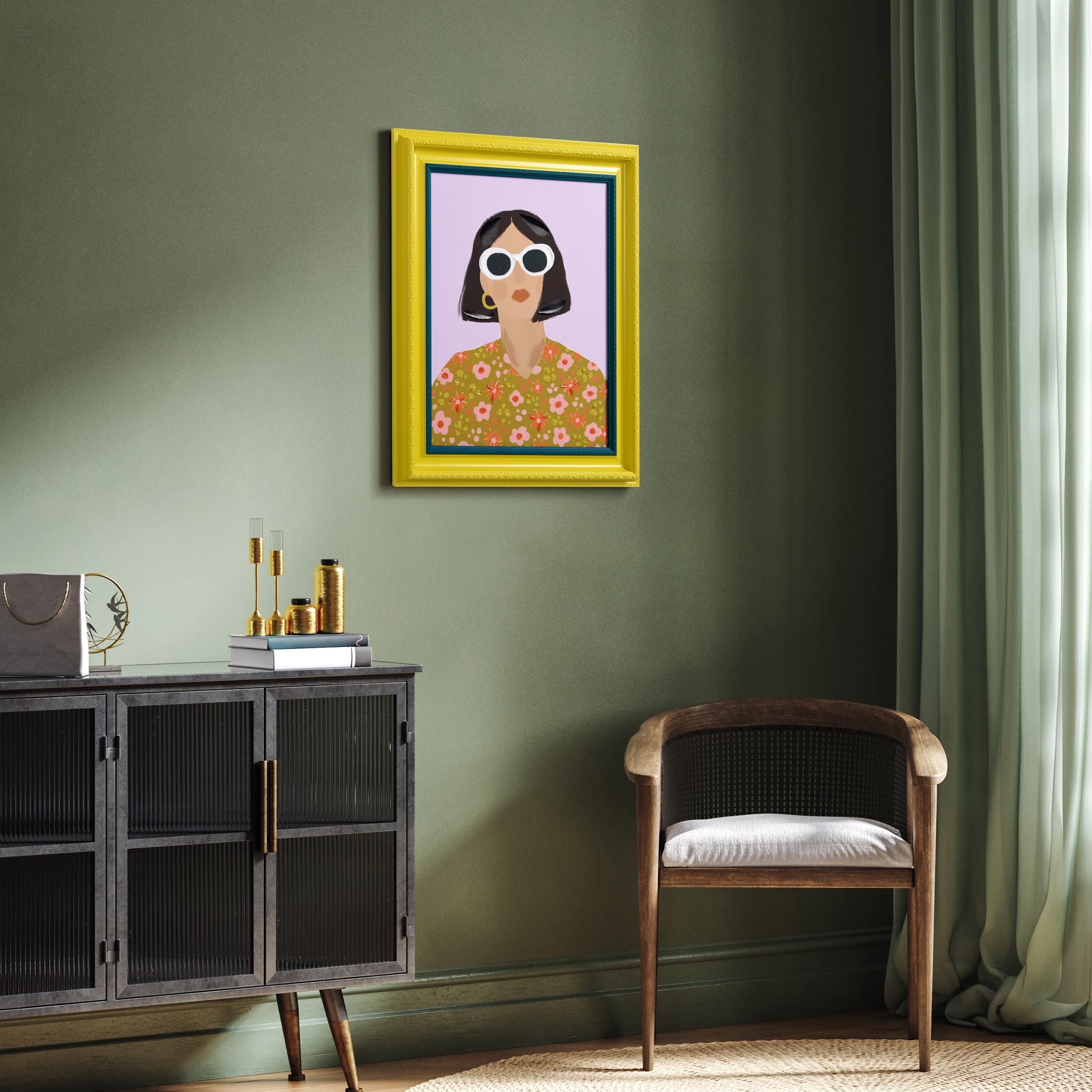 "Sunshine Chic" Chromatic Hand Painted Embellished Giclee Portrait Canvas Wall Art with Baroque Two-Tone Frame