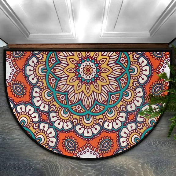 Vintage Boho Mandala Flower Half Round Door Mat Half Circle Area Rug Doormat Home Decor Rug Front Welcome Entrance Way Mat for Indoor Outdoor Kitchen Bedroom 17×30in.