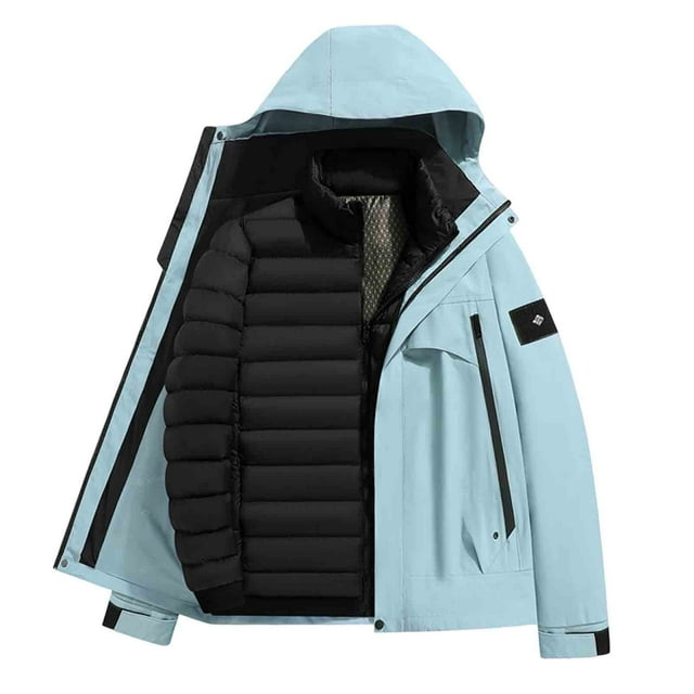 Lovzfmll Unisex Down Jacket Hooded Detachable Liner Windproof Quilted Pockets Light Blue, M