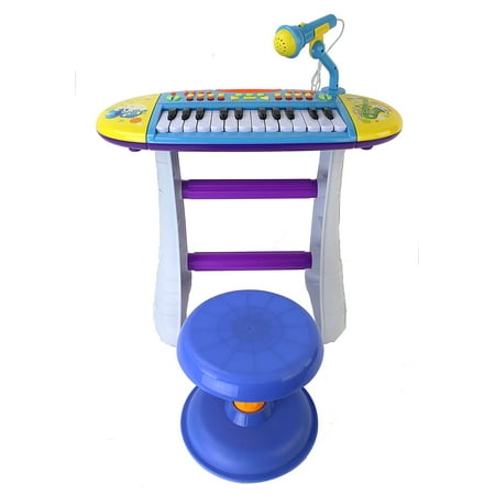 Portable Electronic Keyboard Instrument Multi-Function Blue Toy Piano w/ Lights, Sounds, Microphone, & Chair Stool