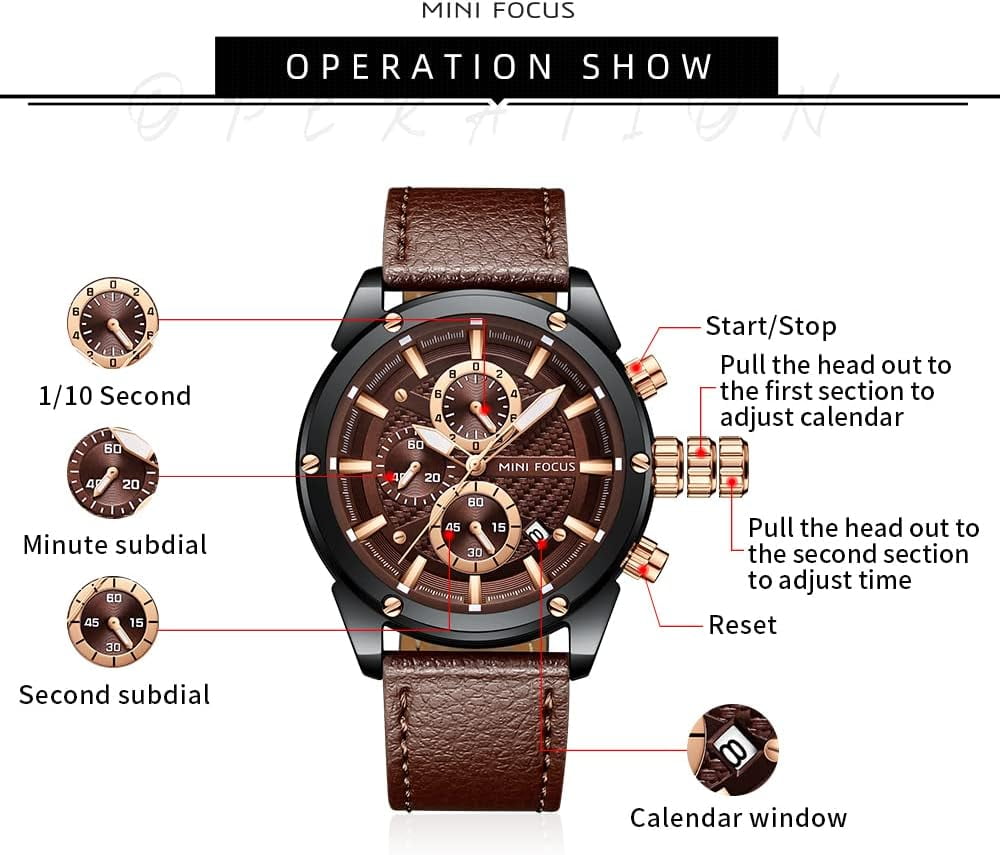 Men Watches Business Casual Wrist Watches (Multifunction/Waterproof/Luminous/Calendar) Genuine Leather Band Fashion Watch for Men